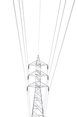 High voltage power lines on steel transmission towers supply electricity to the industrial...