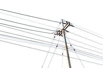 Old radio antenna and electric cables against a blue sky, high voltage power lines on steel poles, symbolizing industrial electrical energy and communication technology