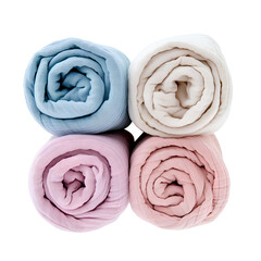 Fototapeta premium Baby Swaddle Blankets Set of Three Rolled Pastel Cotton Minimal Style Transparent Background PNG