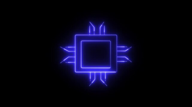 Neon blue microchip icon animation. Glowing computer processor chip icon animation with neon line on black background.