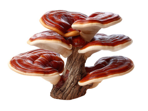 Ganoderma Lucidum on White: Ganoderma lucidum, with kidney-shaped cap and reddish-brown color, showcasing its unique texture and natural beauty, standing out against a pure white .