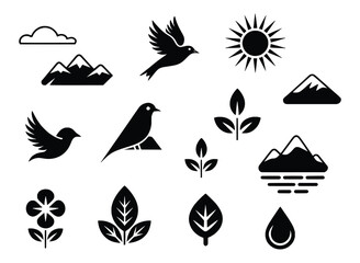 Nature icons birds mountains sun leaves flowers water