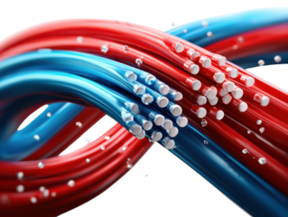 Fiber Optic Cables: Abstract swirl of red and blue fiber optic cables, showcasing the intricate network and high-speed data transmission capabilities.  