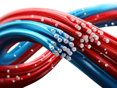 Fiber Optic Cables: Abstract swirl of red and blue fiber optic cables, showcasing the intricate network and high-speed data transmission capabilities.  