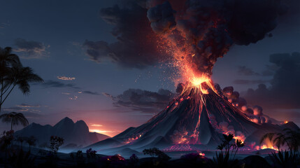 Volcano erupt with glow lava and smoke at night. Cartoon vector illustration of prehistoric landscape with dangerous volcanic mountain with magma explosion, smaller rock hills and plant, clouds on sky
