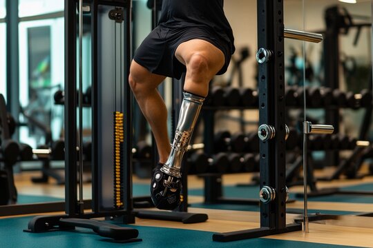 Person with a prosthetic leg engages in workout at a well-equipped gym focusing on fitness and adaptation techniques