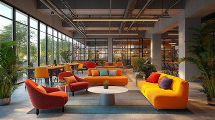 Modern Interior Space. Open interior space with bright furniture, large windows, plants, and modern industrial details. Inviting and stylish design