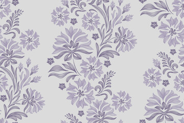 Fototapeta premium Vintage floral ethnic tapestry modern embroidery texture boho design vector illustration hand drawn silhouette indigo blue flower motif branches leaves wallpaper seamless background border.