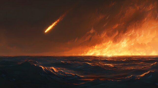 Fiery comet descending over a stormy ocean horizon