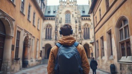 Fototapeta premium Urban explorer absorbed in his music, wandering through historical European streets