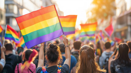 Pride Parade Protest. Crowd at a Pride parade, waving rainbow flags in support of LGBTQ+ rights and equality.