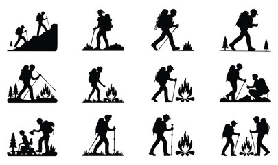 Hikers camping silhouettes nature adventure trekking backpackers