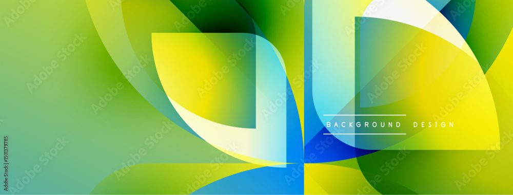 Poster abstract geometric shapes blend vibrant greens, yellows, blues. modern design creates dynamic visual