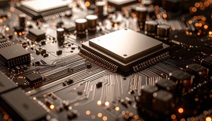 Intricate closeup, exploring the complex architecture of a modern computer circuit board