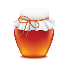 Realistic illustration of glass jar containing sweet honey isolated on white background