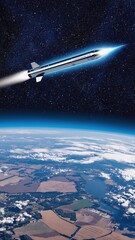 Sleek missile soars through the sky with fiery tail over vast fields and water bodies