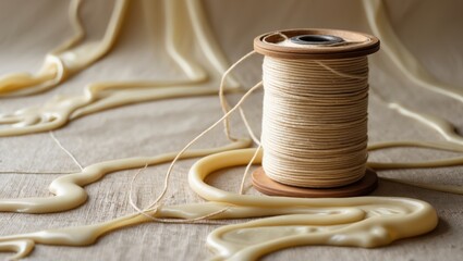 A wooden spool of natural twine surrounded by flowing, melted wax on a soft, neutral background. The scene conveys warmth and creativity