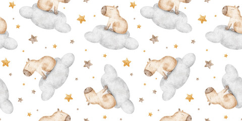 Capybara slipping on clouds among stars. Cute dreamy character rodent animal. Hand drawn watercolor seamless pattern. Background of guinea pig for wallpaper, kids room, fabric, stationery, bed linen