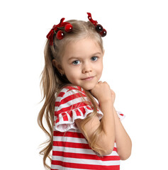 Cute little girl wearing beautiful bows with cherries on white background