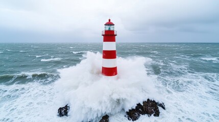 Red & White Lighthouse in Stormy Sea