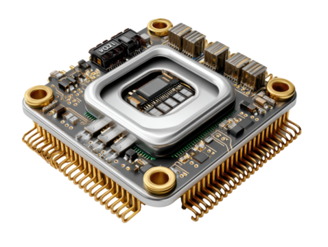 CPU Chip Close-up: An advanced and intricate close-up perspective of a central processing unit (CPU) chip, illustrating a complex, technological wonder of a processing core.