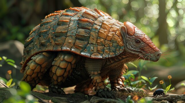 Close up of a giant armadillo in its natural rainforest habitat.  Illustrates wildlife, conservation, and biodiversity.