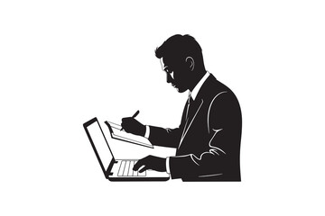 Business professional clipart - Silhouette of Office Work with Laptop and Notebook