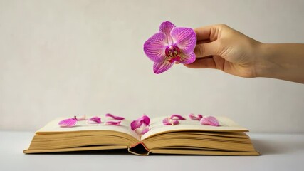 Hand holding pink orchid over open book with petals - Powered by Adobe
