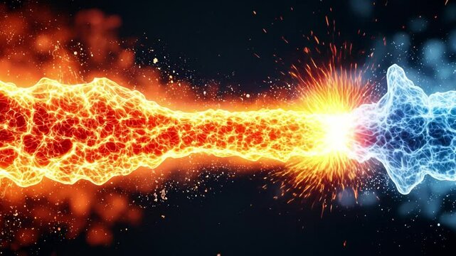 3D render of fire and ice clash with electric sparks, dramatic concept of opposing forces on a black background