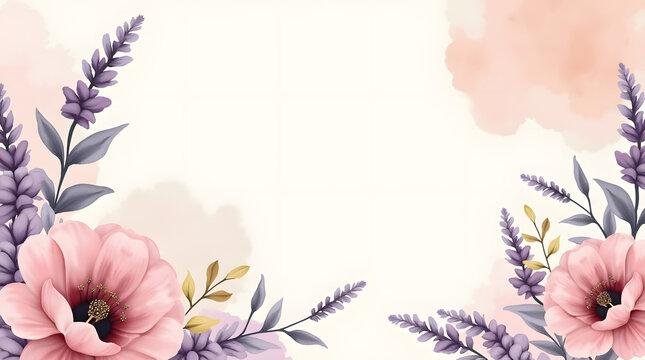 Greeting card with organic watercolor shapes and floral elements in lavender and blush.