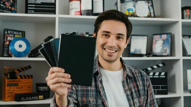 Smiling man holding DVDs in front of bookshelf