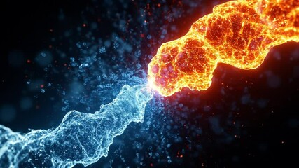 3D render of fire and ice clash with electric sparks, dramatic concept of opposing forces on a black background