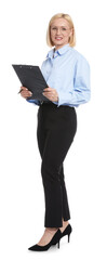 Fototapeta premium Professional psychologist with clipboard on white background