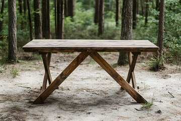 Fototapeta premium Rustic wooden table, campsite background, forest setting, product display (1)
