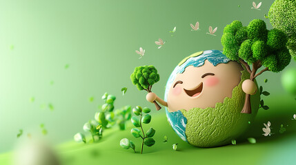 World Environment Day banner with smiling character holding a tree, Earth in center with growing trees, flat vector style illustration with green tones and “5 June” text included.