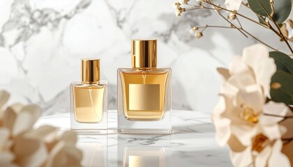 Elegant perfume bottles with gold accents displayed on a marble surface