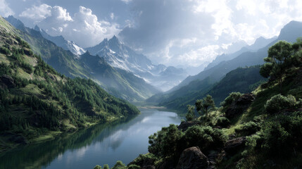 Obraz premium Cartoon landscape with river or lake near mountains. Natural horizontal background of pond, trees and greenery on banks, rocky hills and clouds on sunny sky. Panorama of highland water body.