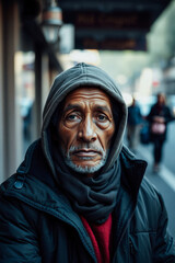 Street Portrait of a Senior Man in a Hood