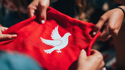 Hands Holding Red Cloth with White Dove Symbol During FESTA DO DIVINO ESPIRITO FESTIVAL – Sacred Emblem of Peace and Holy Spirit in Portuguese Religious Tradition