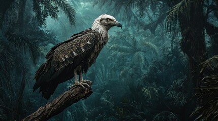 Fototapeta premium Majestic bird perched on branch in misty jungle