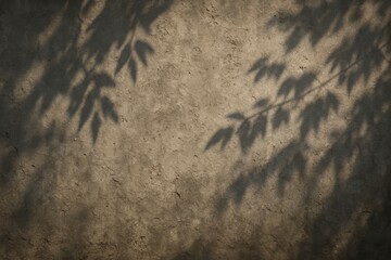 Concrete wall texture with dramatic leaf shadows from natural light. A moody, artistic composition evoking tranquility and organic beauty.