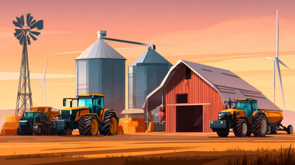 Farming and agricultural isometric landing page. Storehouse, granary, tractor and wind mill. Warehouse buildings for grain and hay harvest storage, industrial hangars and vehicles 3d vector web banner