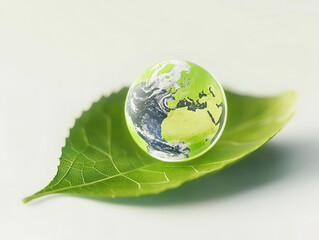 Green leaf with Earth embedded inside, symbolizing global environmental protection and sustainable practices, emphasizing corporate responsibility in eco-friendly product development.