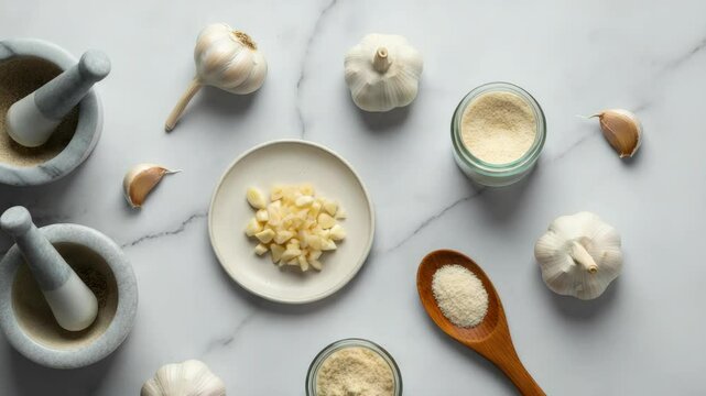 Various garlic preparations on white surface with mortar and pestle