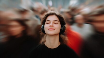 A young woman enjoys music with headphones on in a crowded place. The blur around her shows the hustle of the crowd. She finds her peace in the chaos. Perfect for music or lifestyle themes. AI