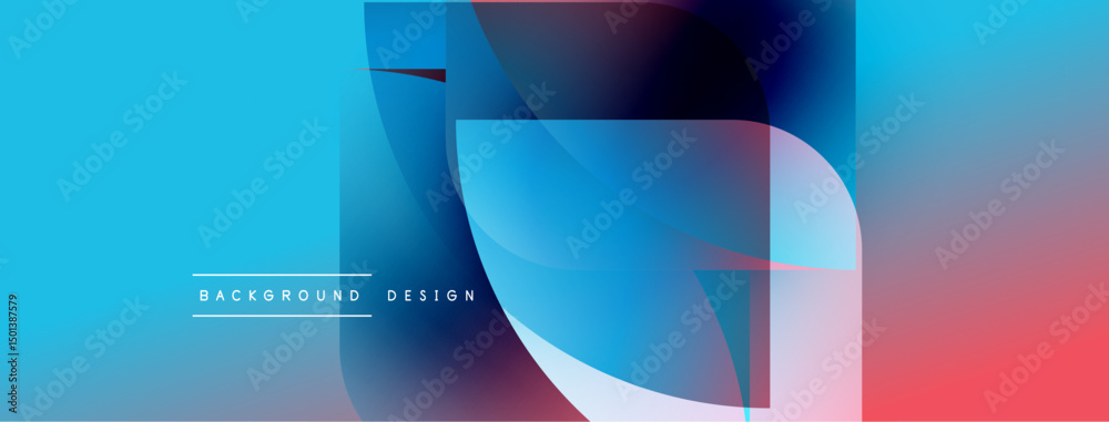 Poster abstract geometric shapes blend vibrant blues, pinks, purples. modern design features translucent la