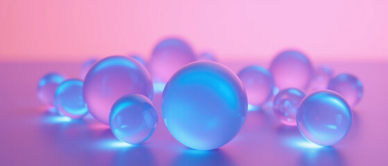 Translucent spheres in vibrant blue and pink hues create dreamy atmosphere, reflecting light beautifully