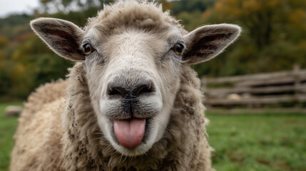 Sheep playfully sticking out its tongue, a moment of lighthearted charm.