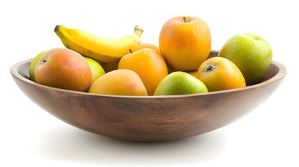 Colorful Fresh Assortment of Apples and Bananas in a Wooden Bowl on a White Background