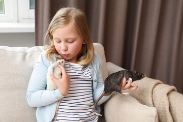 Little girl with cute rats on sofa at home